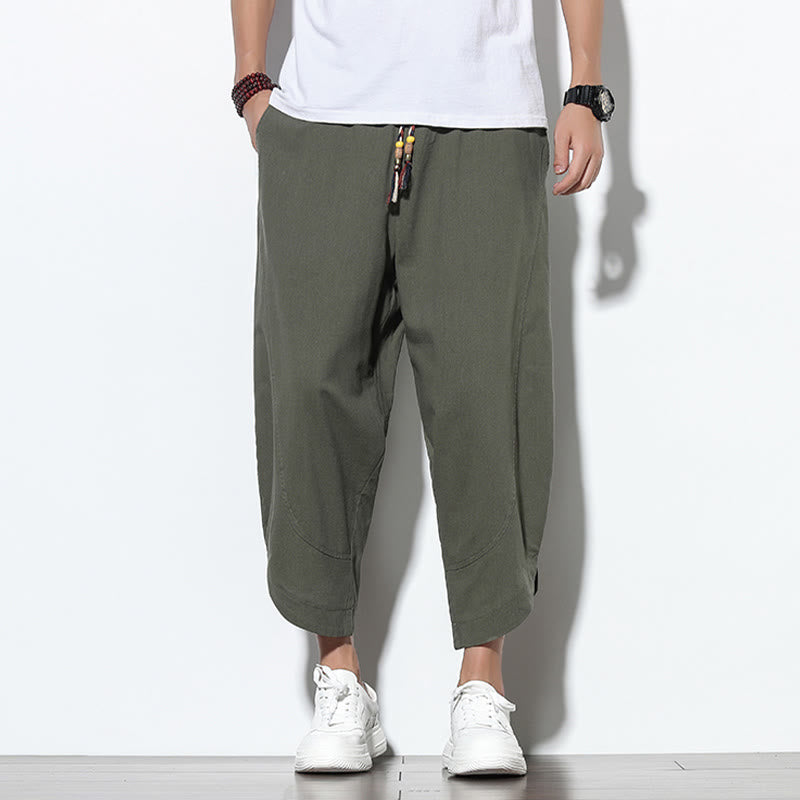 Casual Summer Drawstring 7-8 Length Linen Men's Harem Pants With Pockets
