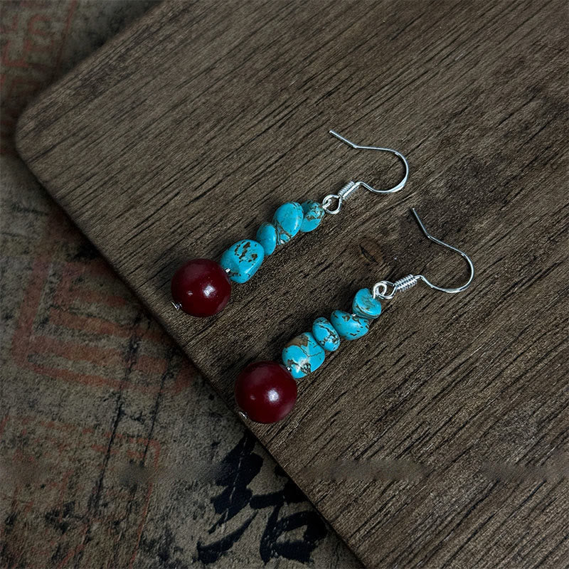 Tibetan 925 Sterling Silver Turquoise Cinnabar beads Protection Earrings