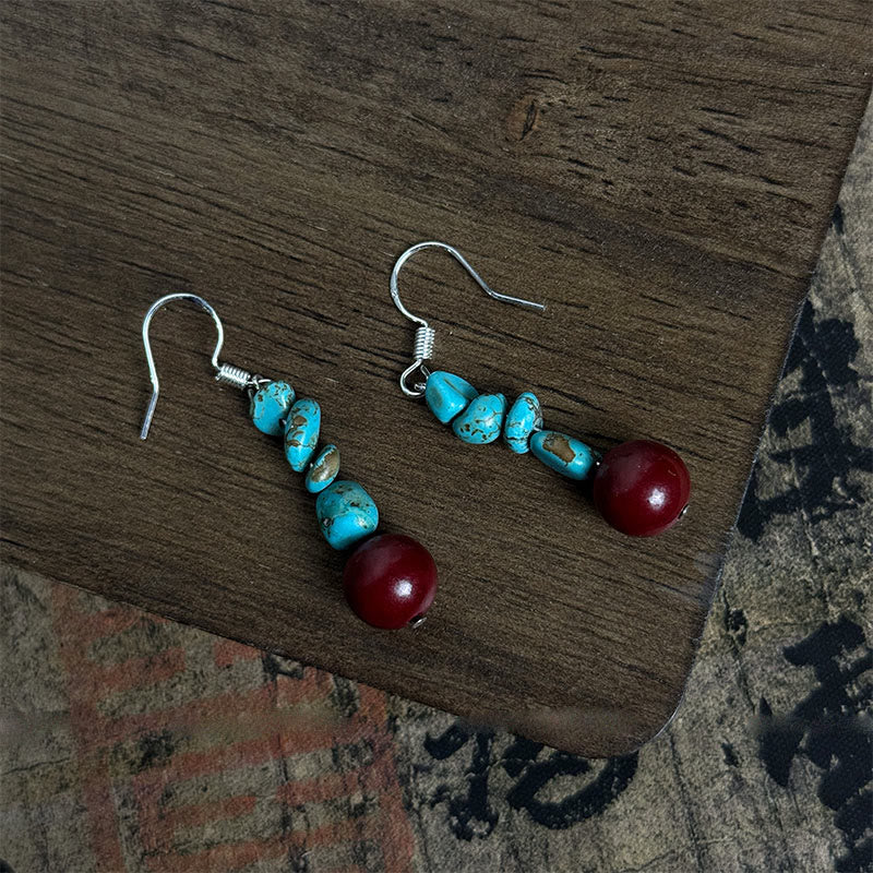 Tibetan 925 Sterling Silver Turquoise Cinnabar beads Protection Earrings
