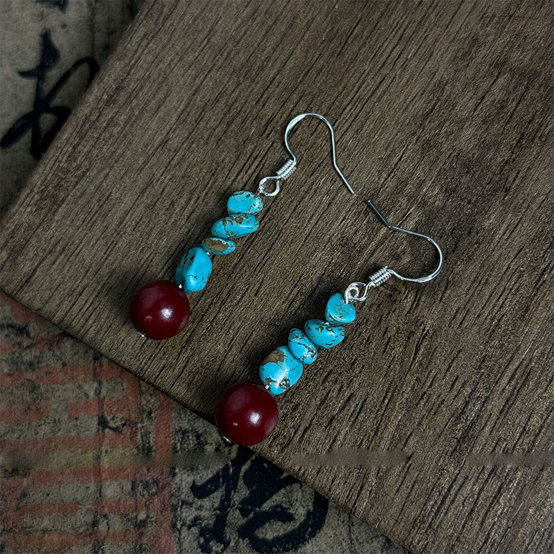Tibetan 925 Sterling Silver Turquoise Cinnabar beads Protection Earrings