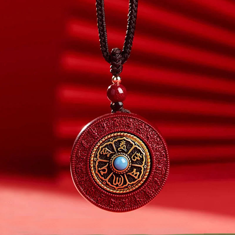 Natural Cinnabar Om Mani Padme Hum Rotatable Scripture Yin Yang Pattern Blessing Necklace String Pendant