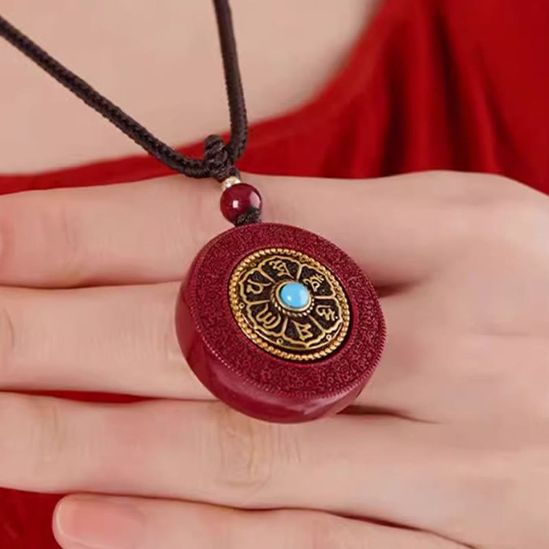 Natural Cinnabar Om Mani Padme Hum Rotatable Scripture Yin Yang Pattern Blessing Necklace String Pendant