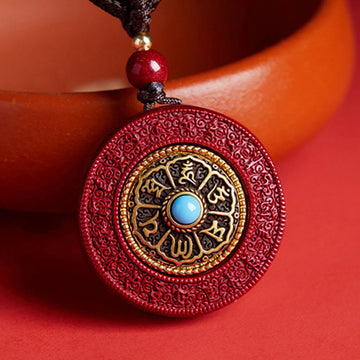 Natural Cinnabar Om Mani Padme Hum Rotatable Scripture Yin Yang Pattern Blessing Necklace String Pendant