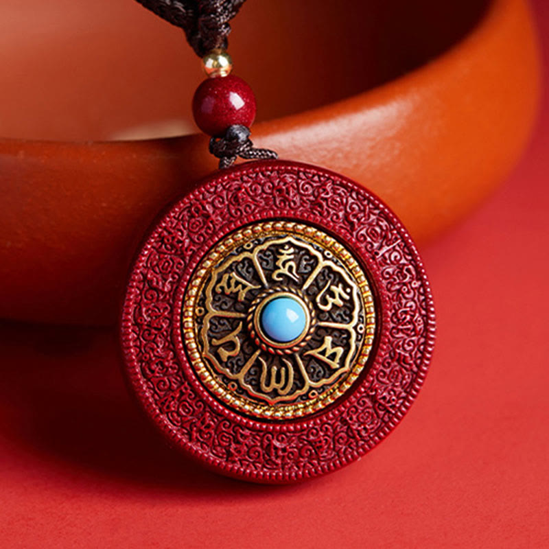 Natural Cinnabar Om Mani Padme Hum Rotatable Scripture Yin Yang Pattern Blessing Necklace String Pendant