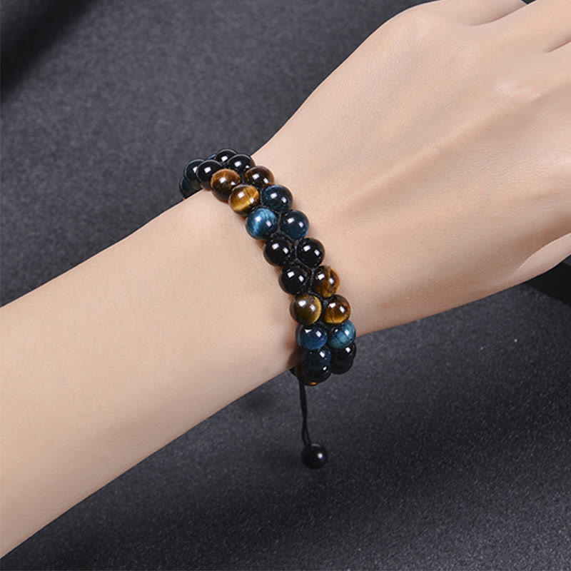 Natural Blue Tiger Eye and Magnetite Double Row Om Pattern Beaded Strength Bracelet