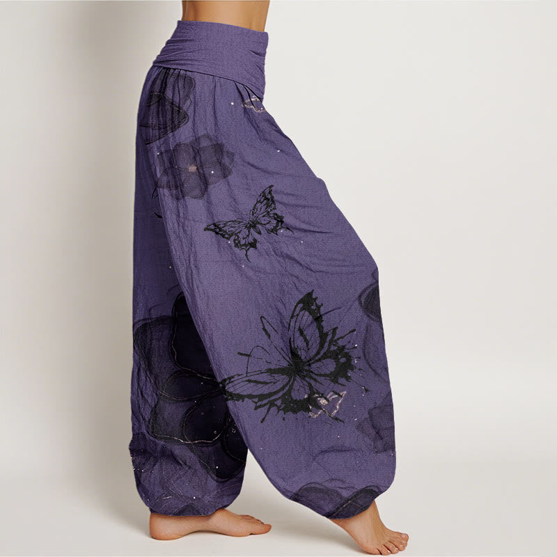Cotton Butterfly Flowers Pattern Women's Elastic Waist Harem Pants
