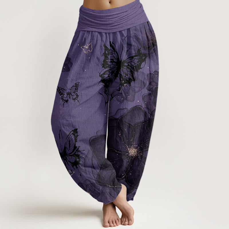Cotton Butterfly Flowers Pattern Women's Elastic Waist Harem Pants