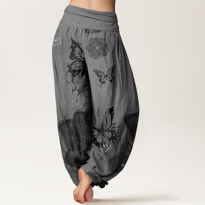Cotton Butterfly Flowers Pattern Women's Elastic Waist Harem Pants