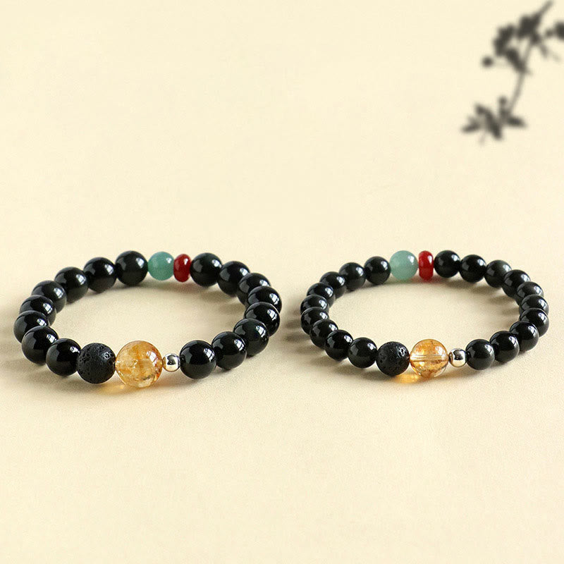 Natural Black Obsidian, Jade, Citrine and Red Agate Beaded Energy Bracelet