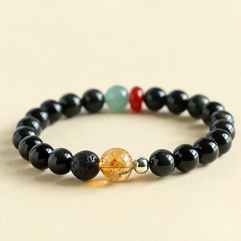 Natural Black Obsidian, Jade, Citrine and Red Agate Beaded Energy Bracelet