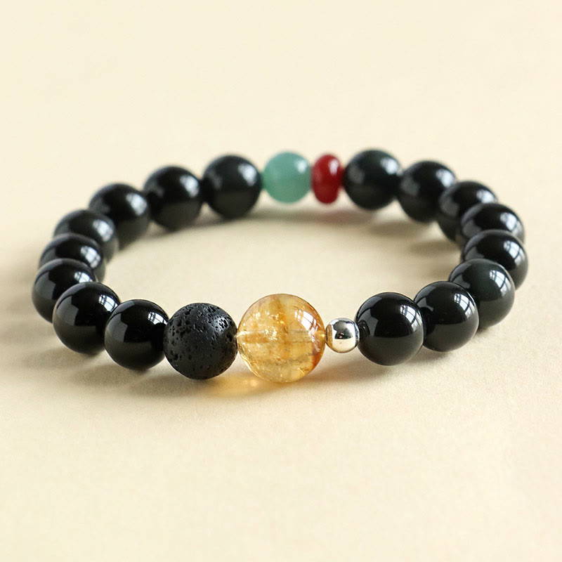 Natural Black Obsidian, Jade, Citrine and Red Agate Beaded Energy Bracelet