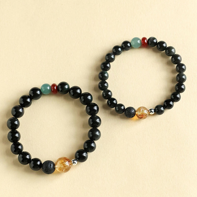 Natural Black Obsidian, Jade, Citrine and Red Agate Beaded Energy Bracelet