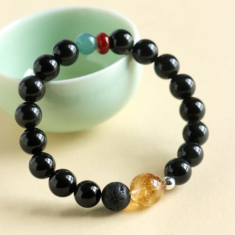 Natural Black Obsidian, Jade, Citrine and Red Agate Beaded Energy Bracelet
