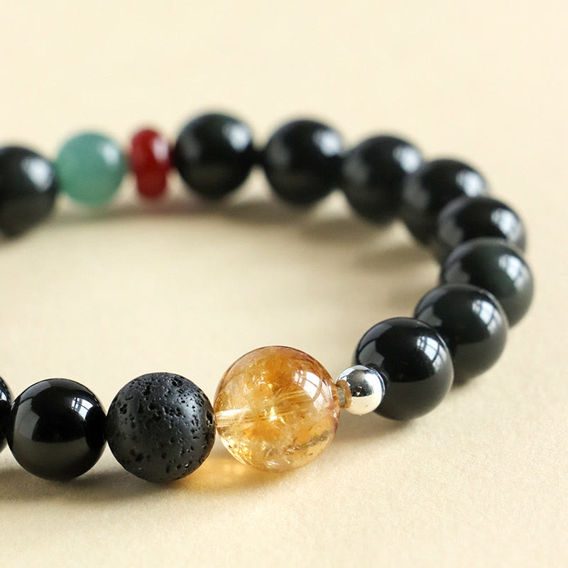 Natural Black Obsidian, Jade, Citrine and Red Agate Beaded Energy Bracelet