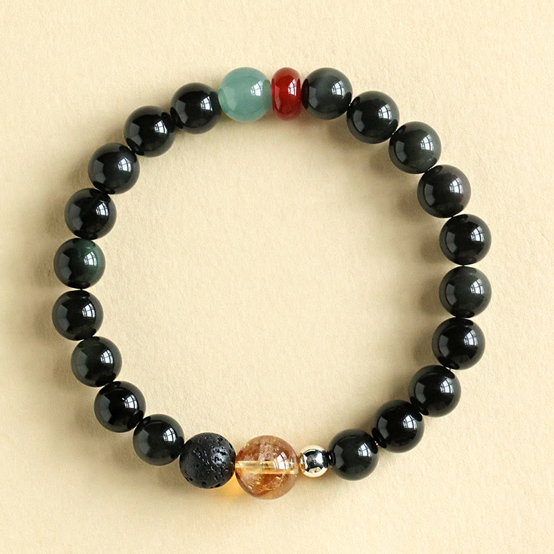 Natural Black Obsidian, Jade, Citrine and Red Agate Beaded Energy Bracelet