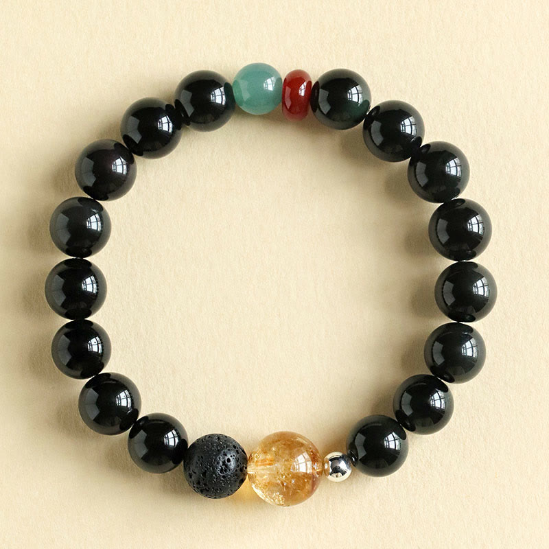 Natural Black Obsidian, Jade, Citrine and Red Agate Beaded Energy Bracelet