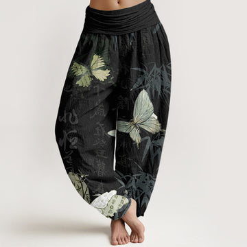 Cotton Butterfly Bamboo Leaves Chinese Characters Pattern Women's Elastic Waist Harem Pants