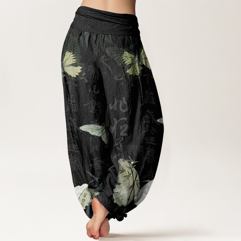 Cotton Butterfly Bamboo Leaves Chinese Characters Pattern Women's Elastic Waist Harem Pants