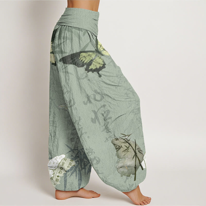 Cotton Butterfly Bamboo Leaves Chinese Characters Pattern Women's Elastic Waist Harem Pants
