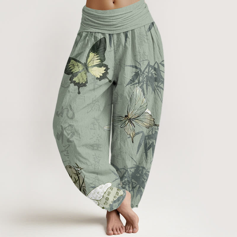 Cotton Butterfly Bamboo Leaves Chinese Characters Pattern Women's Elastic Waist Harem Pants