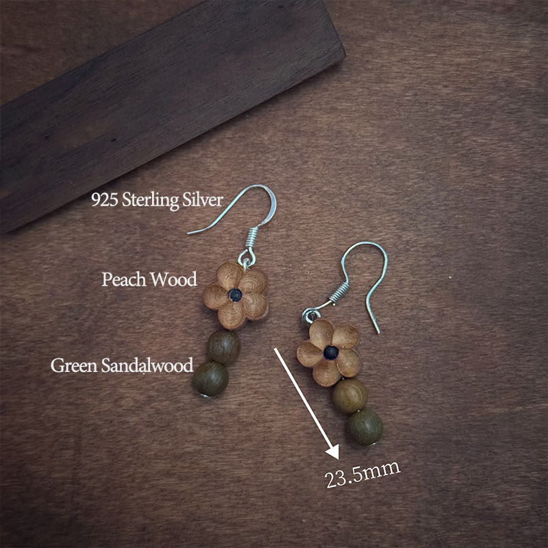 925 Sterling Silver Peach Wood & Green Sandalwood Flower Earrings