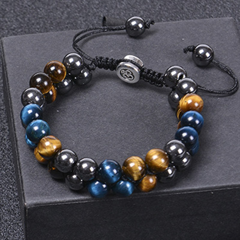 Natural Blue Tiger Eye and Magnetite Double Row Om Pattern Beaded Strength Bracelet