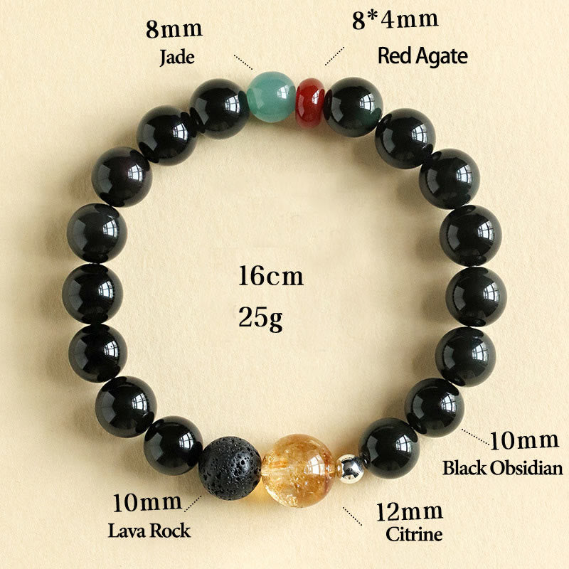 Natural Black Obsidian, Jade, Citrine and Red Agate Beaded Energy Bracelet