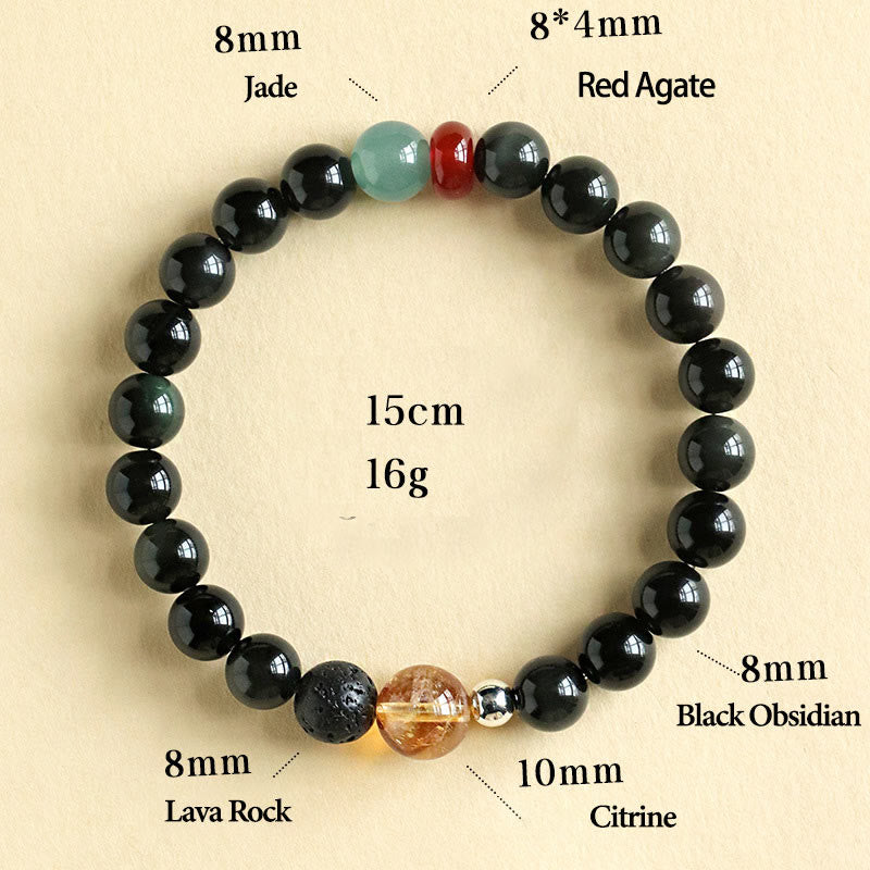 Natural Black Obsidian, Jade, Citrine and Red Agate Beaded Energy Bracelet