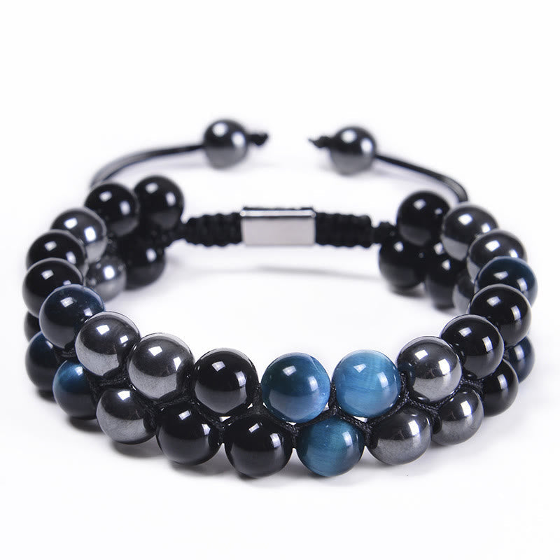 Natural Blue Tiger Eye, Black Magnetite & Black Obsidian Double Row Beaded Bracelet