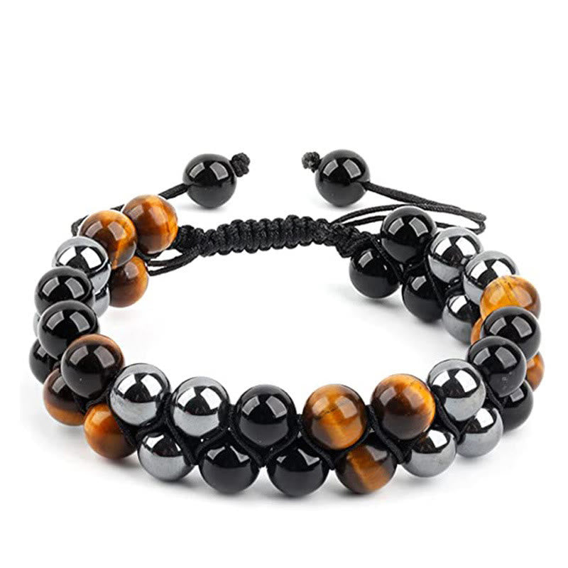 Natural Tiger Eye Black Onyx & Magnetite Double Row Beaded Bracelet