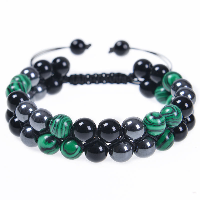 Natural Malachite Black Magnetite Black Obsidian Double Row Beads Anti-Anxiety Bracelet