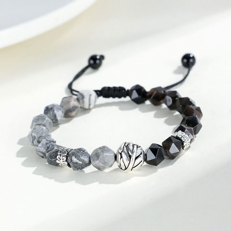 Natural Irregular Cut Obsidian Grey Jasper 925 Sterling Silver Rolled Leaf Bead Protection Bracelet