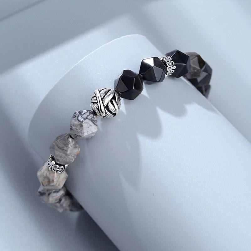 Natural Irregular Cut Obsidian Grey Jasper 925 Sterling Silver Rolled Leaf Bead Protection Bracelet