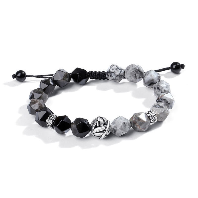 Natural Irregular Cut Obsidian Grey Jasper 925 Sterling Silver Rolled Leaf Bead Protection Bracelet