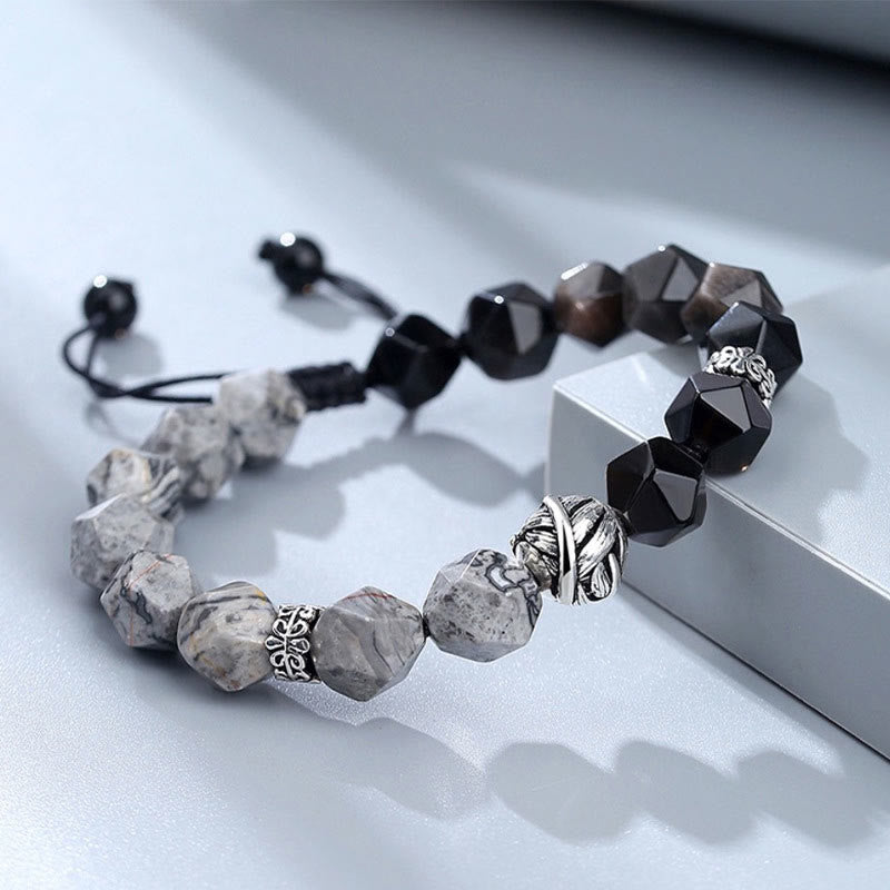 Natural Irregular Cut Obsidian Grey Jasper 925 Sterling Silver Rolled Leaf Bead Protection Bracelet