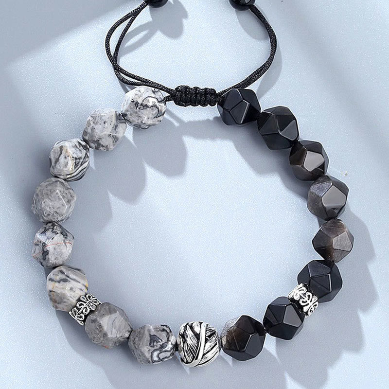 Natural Irregular Cut Obsidian Grey Jasper 925 Sterling Silver Rolled Leaf Bead Protection Bracelet