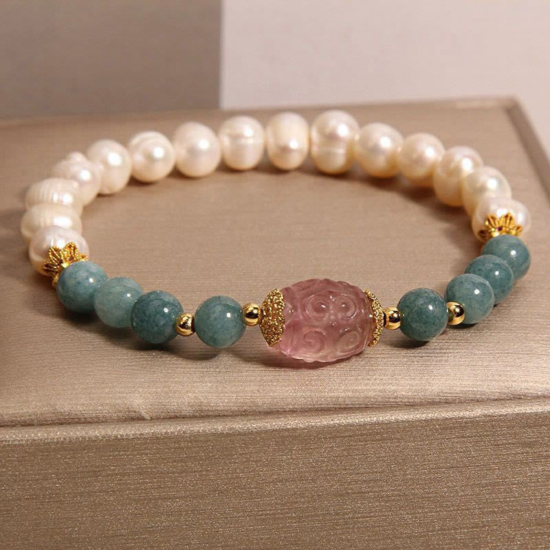 Handcrafted Pearl, Jade and Strawberry Quartz Crystal Harmony Bracelet