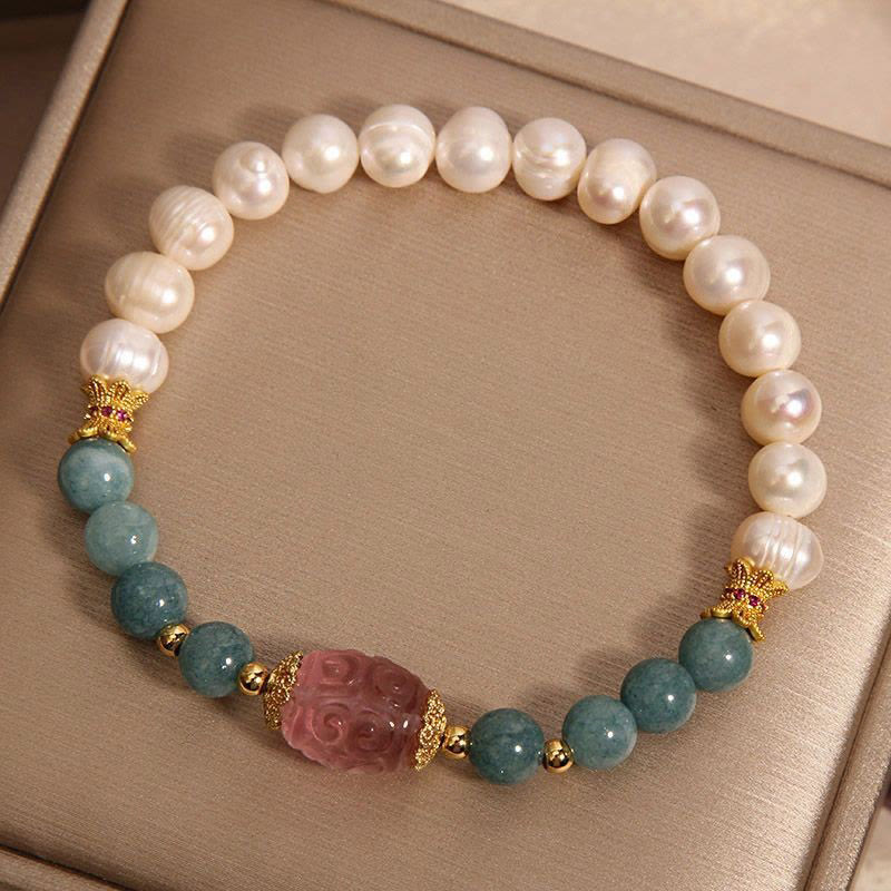 Handcrafted Pearl, Jade and Strawberry Quartz Crystal Harmony Bracelet