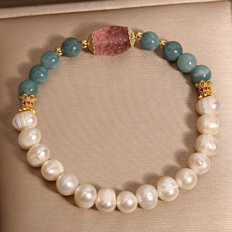 Handcrafted Pearl, Jade and Strawberry Quartz Crystal Harmony Bracelet