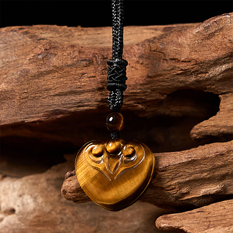 Natural Tiger Eye Love Heart Pattern Protection Rope Necklace Pendant