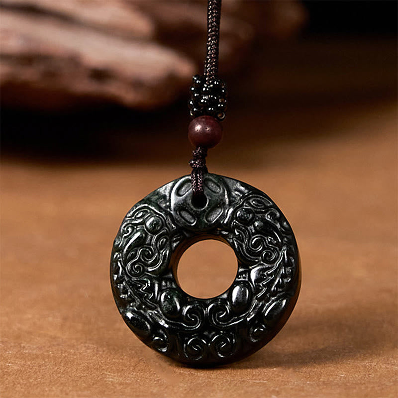 Tibetan Nanyang Black-Green Jade PiXiu Peace Buckle Protection Necklace Pendant
