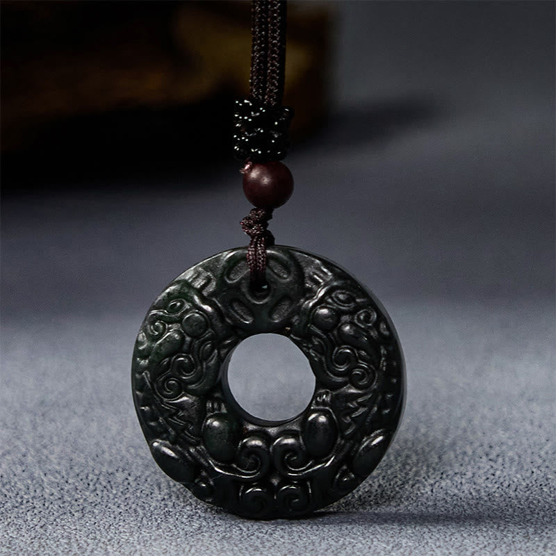 Tibetan Nanyang Black-Green Jade PiXiu Peace Buckle Protection Necklace Pendant