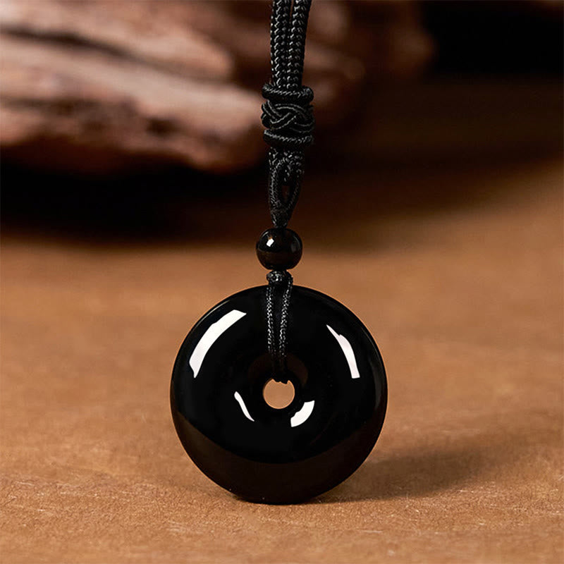 Natural Black Obsidian Peace Buckle Strength Rope Necklace Pendant
