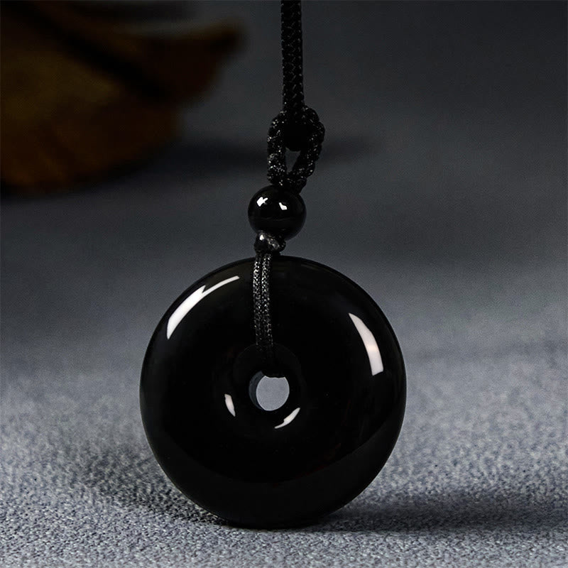 Natural Black Obsidian Peace Buckle Strength Rope Necklace Pendant