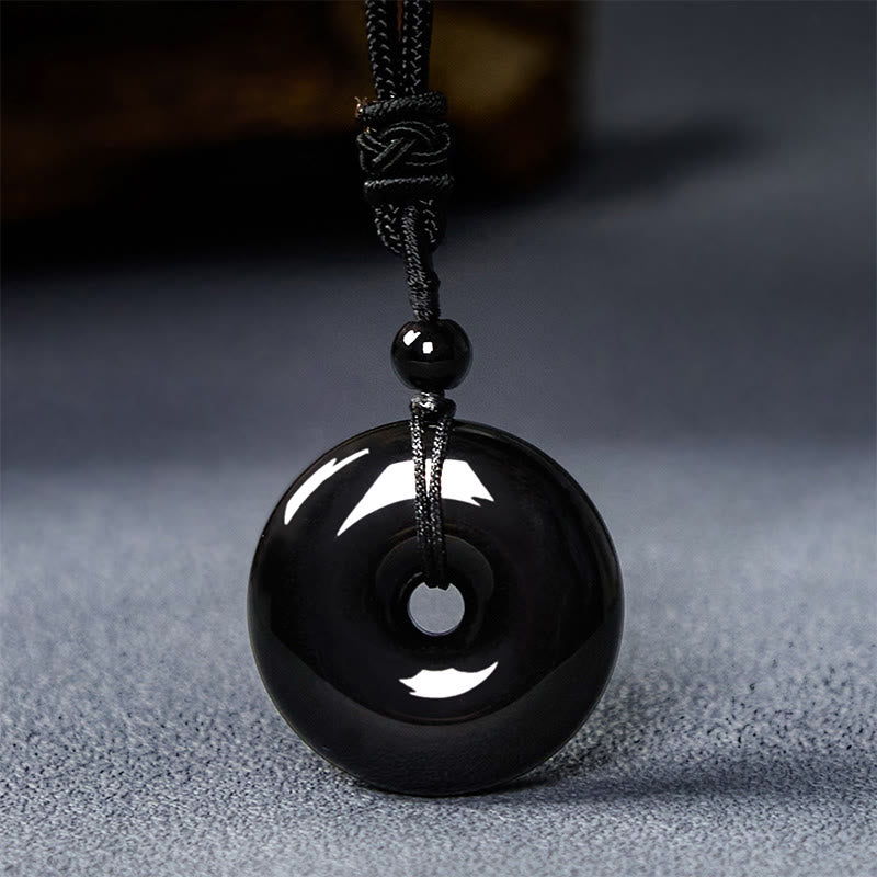 Natural Black Obsidian Peace Buckle Strength Rope Necklace Pendant