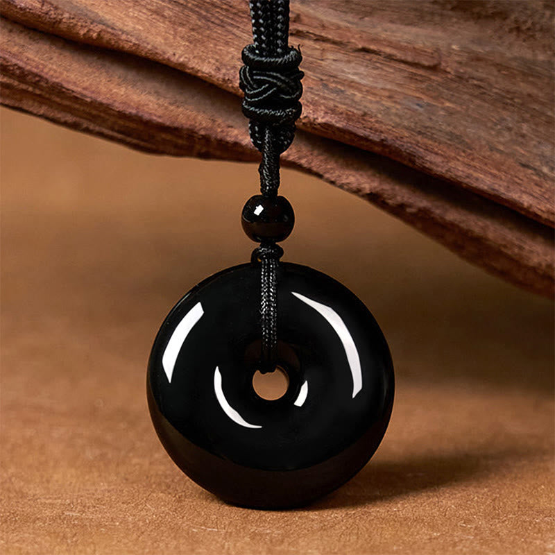 Natural Black Obsidian Peace Buckle Strength Rope Necklace Pendant