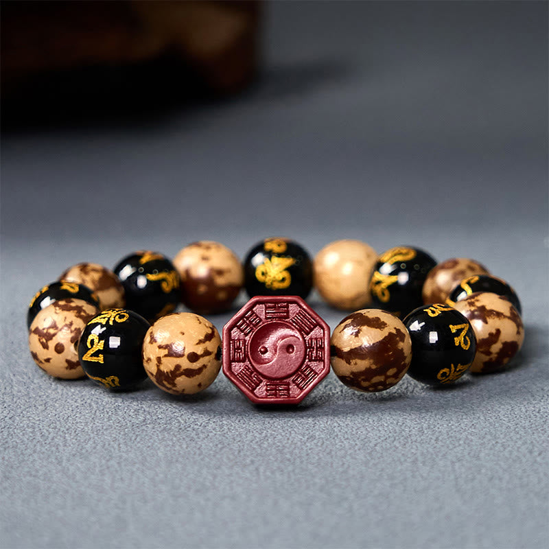 Carved Bodhi Seed & Cinnabar Bracelet with Om Mani Padme Hum, Yin Yang, Bagua Symbols