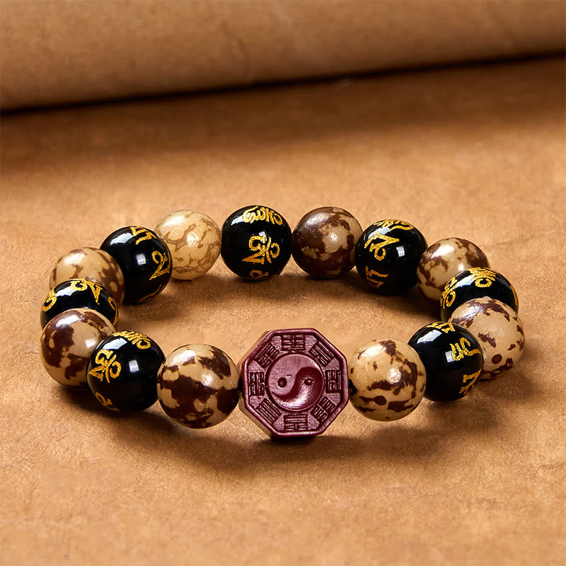 Carved Bodhi Seed & Cinnabar Bracelet with Om Mani Padme Hum, Yin Yang, Bagua Symbols