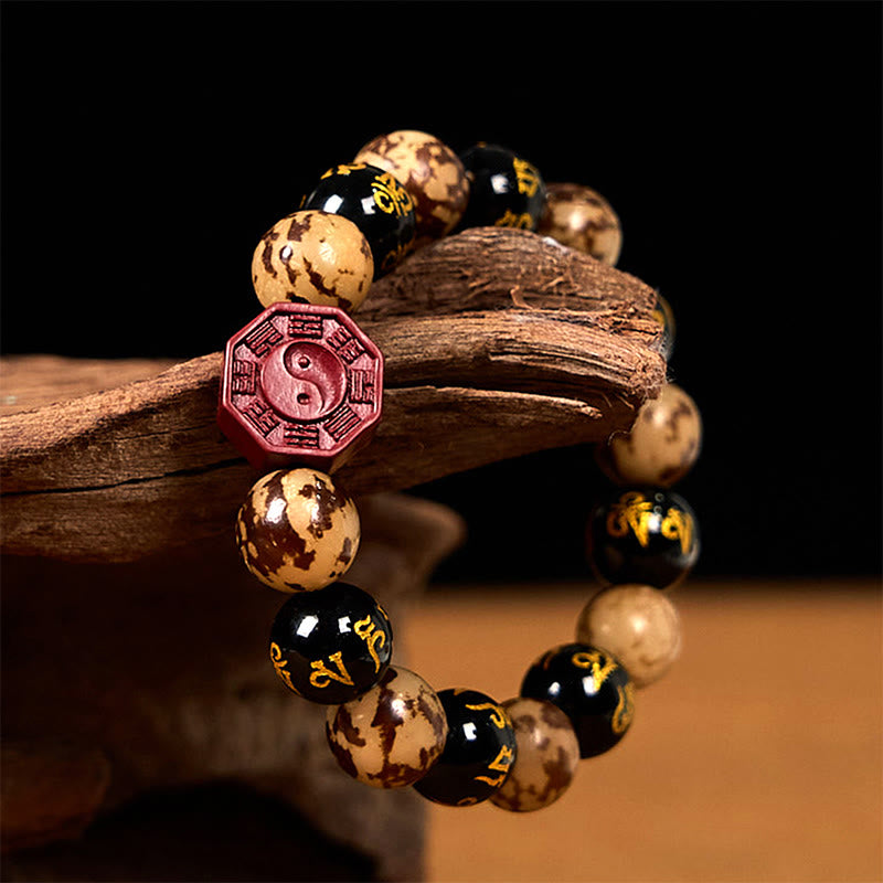 Carved Bodhi Seed & Cinnabar Bracelet with Om Mani Padme Hum, Yin Yang, Bagua Symbols
