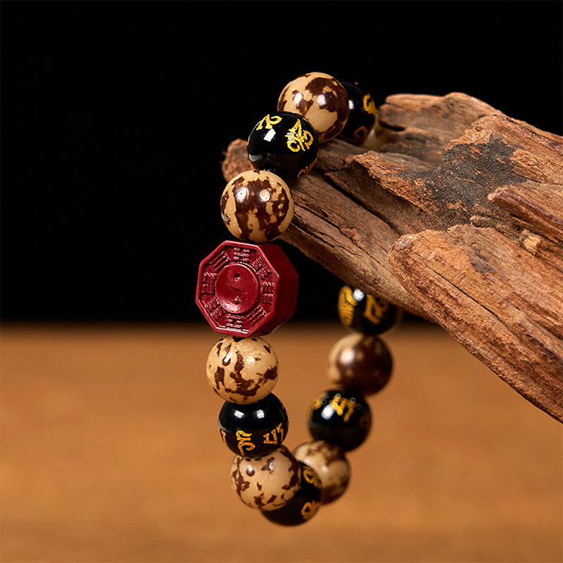 Carved Bodhi Seed & Cinnabar Bracelet with Om Mani Padme Hum, Yin Yang, Bagua Symbols